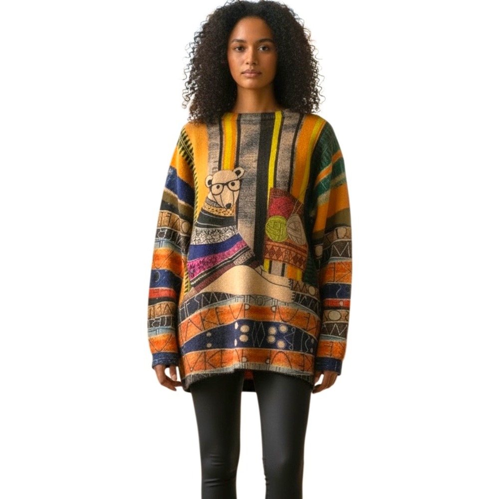 Gunest Women Polar Bear Knit Graphic Oversized Wool Blend Sweater Multicolor M/L